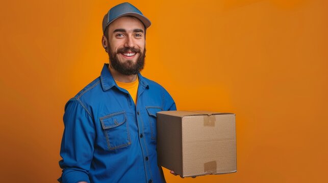 Half-body HDR image of a smiling courier in blue uniform carrying a cardboard box against a orange background, isolated on the right. Depicts efficient delivery services and customer satisfaction