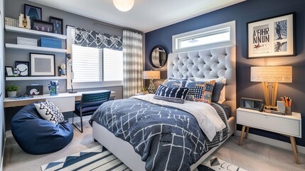 Modern Teen's Bedroom with a Sleek and Sophisticated Color Palette of Navy Blue and Gray