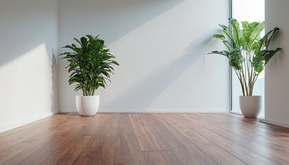 A empty living room with a plant on the wall