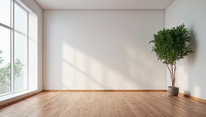 A empty living room with a plant on the wall