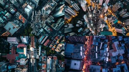Obraz premium An aerial view of a 5G cell tower in a densely populated urban area, highlighting the infrastructure supporting the network.