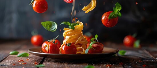 Levitating Food: Pasta, Tomatoes, and Basil Cascading onto a Plate