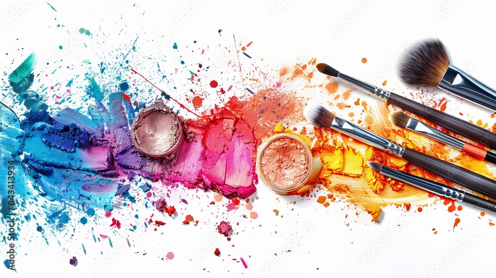 Wall mural A white background embellished with colorful brush strokes of eyeshadow, beauty tools, and cosmetics, featuring professional makeup brushes