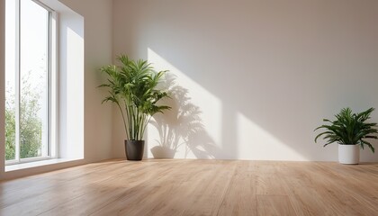 A empty living room with a plant on the wall