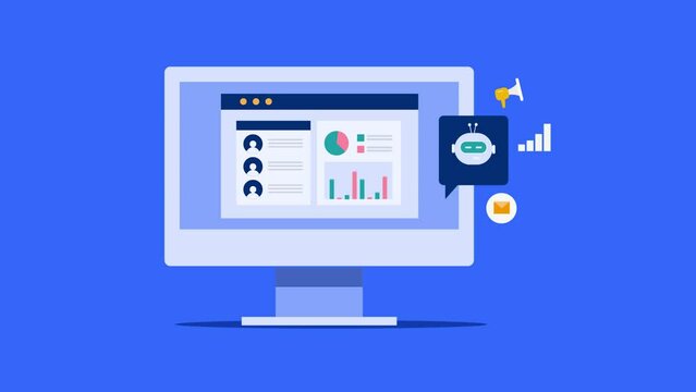 CRM software with artificial intelligence technology database management, customer support and marketing automation conceptual video animation.