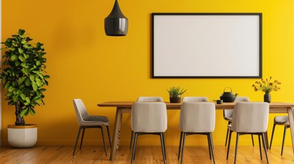 A stylish dining room with a rectangular black frame with copy space on a bold yellow wall, near a wooden dining table and modern chairs.