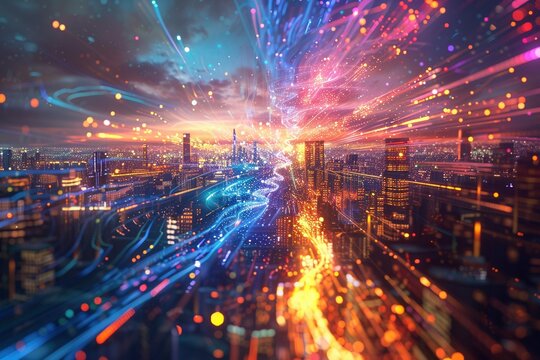 A colorful magnetar emerges from a holographic display, forming a detailed urban landscape in mid-air.