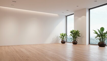 A empty living room with a plant on the wall