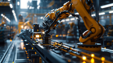 A high-tech robotic arm assembling intricate electronic components with precision and accuracy in a manufacturing facility