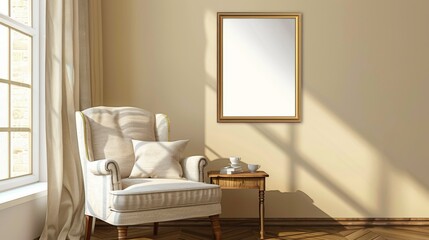 A cozy reading corner with a gold frame with copy space on a warm beige wall, beside a plush armchair and wooden side table.