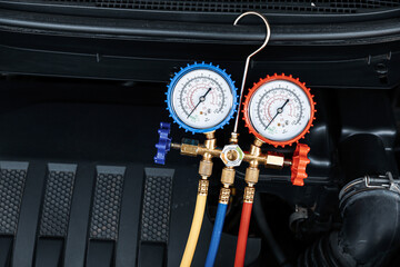 Air refrigerant meter manifold gauge for car care maintenance services and check car air...