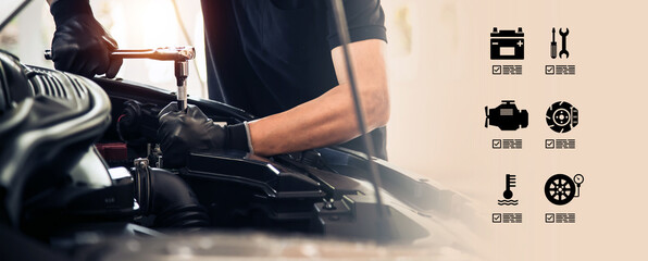 Hand auto mechanic using the wrench to repairing car engine problem with car service icons concepts...