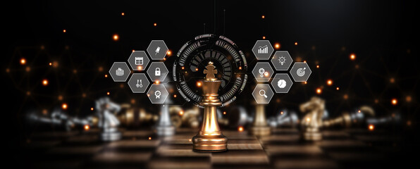 King chess winner with leadership strategy icons for wining challenge concept of team player or...
