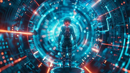 Obraz premium A futuristic scene depicting an individual donning a luminescent cyber-suit, seamlessly interacting with a holographic interface