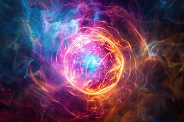 Obraz premium A mesmerizing holographic projection of a colorful magnetar displayed in medium shot, creating a captivating background texture for wallpapers and computer banners.