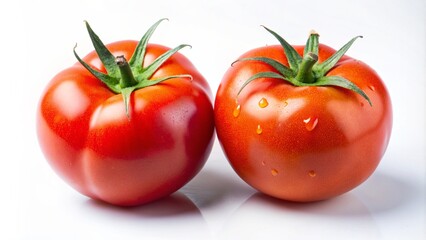 Two tomatoes with a branch on a white background