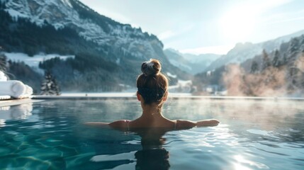 Young woman spending winter or spring vacation in luxury spa resort with swimming pool over alpine mountain landscape