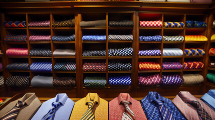 A neatly arranged display of ties in various colors and patterns at a men's clothing store