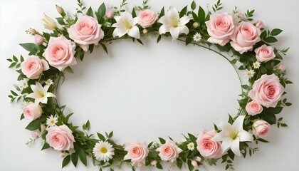 Fototapeta premium A stunning display of flowering roses, lilies, and daisies, expertly entwined with verdant, trailing vines, crafting a refined oval frame with a blank, white central space for text.