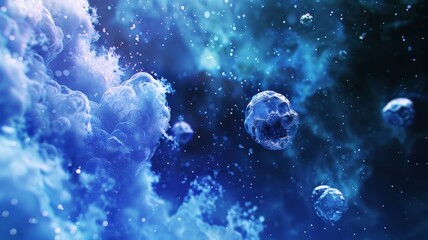 A digital illustration of a blue nebula with floating rocks in space