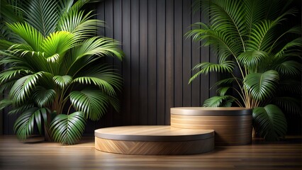 Obraz premium Wood podium stage display mockup for product presentation with a black tropical background