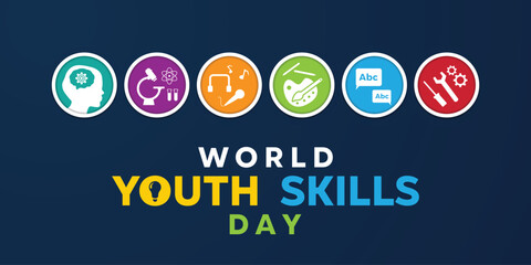 World Youth Skills Day. Brain, microscopes and more. Great for cards, banners, posters, social media and more. Dark blue background.