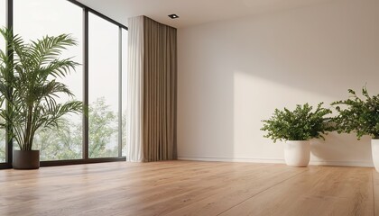 a room with a white wall and a green plant in the corner.