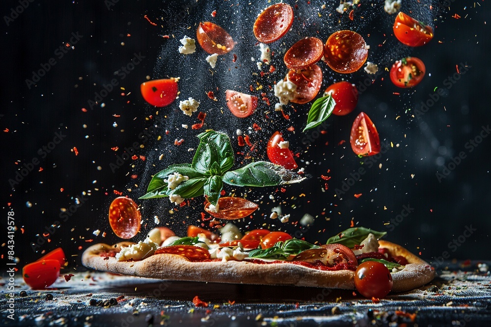 Wall mural deconstructed pepperoni pizza in a dynamic explosion. Each ingredient, from pepperoni slices to melted cheese, hangs frozen in a cool, appetizing display.