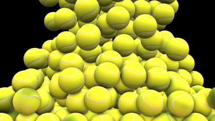 A Cascade of Yellow: A Pile of Tennis Balls in Flight.
A digital image showcasing a pile of tennis balls appearing as though they are falling and cascading on a black background. 