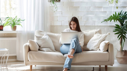 Fototapeta premium Woman and training with laptop.Office at home girl at laptop.Young woman, using laptop remote working at home office looking at computer communicating by video call.He is sitting on the sofa against.