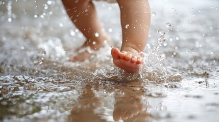 A baby girl splashing in a puddle, her bare feet giggling in the cool water.