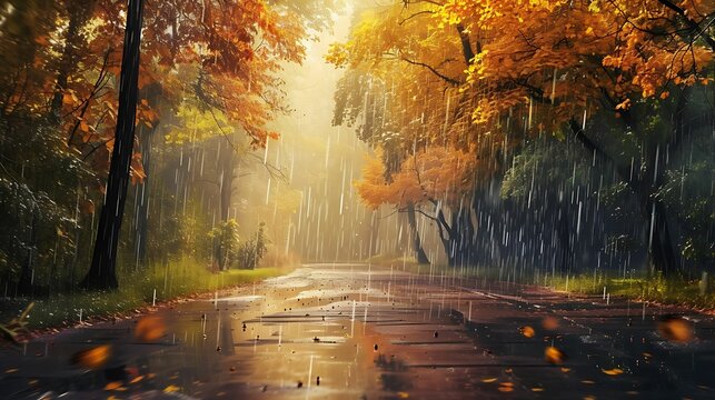 landscape autumn rain drops splashes in the forest background, october weather landscape beautiful park