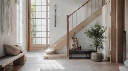 In high resolution and high quality, a modern entrance hall is adorned with Scandinavian interior design elements. A grid door and staircase, accented with rustic wooden pieces