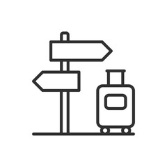 Travel, Directional signpost and suitcase, linear icon. Line with editable stroke