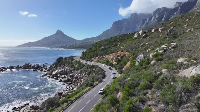 Coastal Road At Cape Town In Western Cape South Africa. Table Mountain Landmark. Freeway Road. Cape Town At Western Cape South Africa. Tourism Travel. Road Trip Skyline.