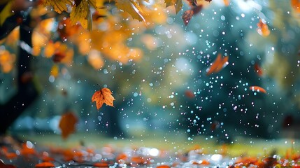 landscape autumn rain drops splashes in the forest background, october weather landscape beautiful park