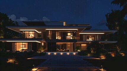 Visualized in modern design architecture, a stunning house is illuminated against the night sky, exuding elegance and sophistication. This high-resolution image captures the sleek lines