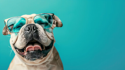 A smiling bulldog wearing retro glasses and a playful expression against a turquoise background