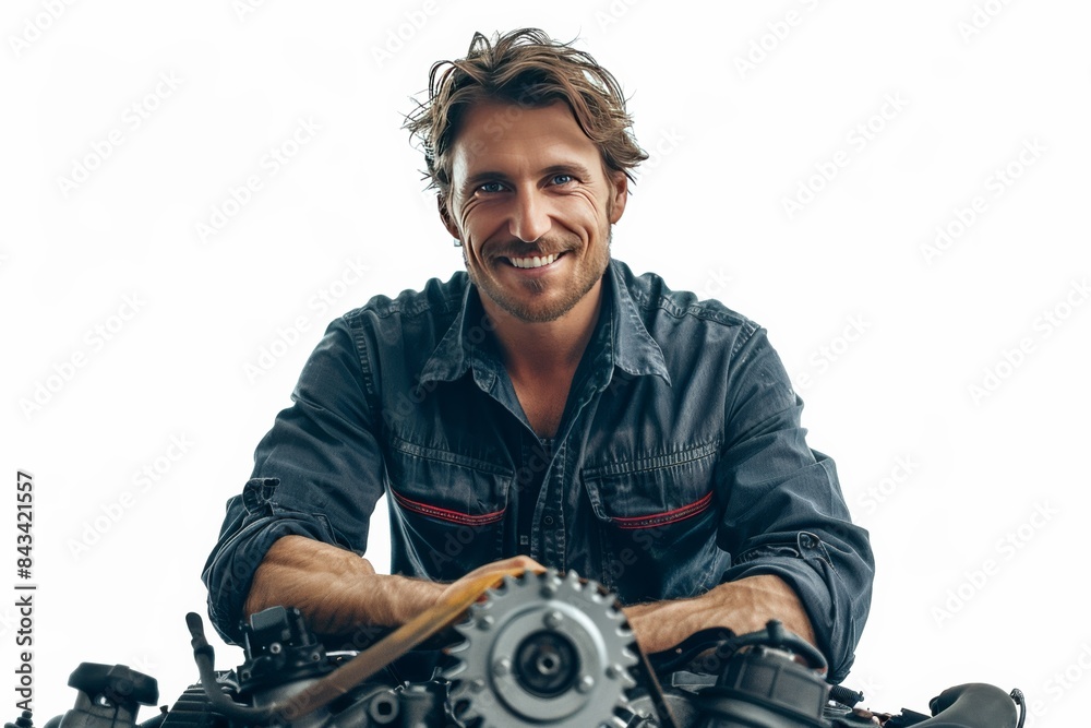 Poster a charismatic auto mechanic with tousled hair and a confident grin, showcasing a gleaming engine wit