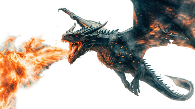 black scaly mythical dragon breathing fire, transparent background