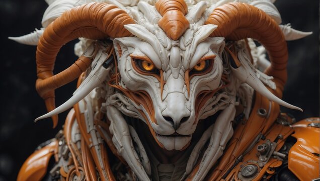 Futuristic Cyborg Creature with Horns and Intricate Mechanical Details