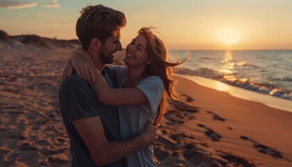 Fototapeta premium Sunset Serenity: A Couple Embraced in Love on the Sandy Shore