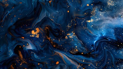 Hand painted background with mixed liquid blue and golden paints. Abstract fluid acrylic painting. Modern art. Marbled blue abstract background. Liquid marble pattern. 