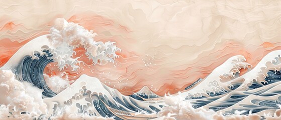 The poster design depicts a wave pattern with hand-drawn clouds. The background is a modern Japanese background with Asian icons and symbols. Abstract patterns and templates are used throughout. The