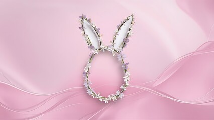 Fototapeta premium Easter minimal concept egg shape with bunny ears made from spring flowers on the pink background