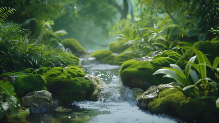 A tranquil forest stream winding its way through moss-covered rocks and lush greenery