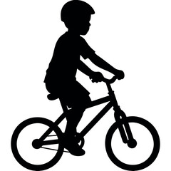 Little boy rides a bicycle vector  silhouette, front side view
