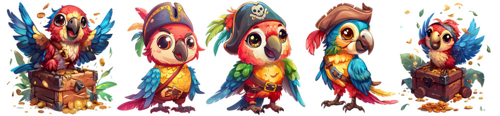 collection of parrot pirate cartoon sticker, png, generated ai