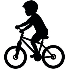 Fototapeta premium Little boy rides a bicycle vector silhouette, front side view