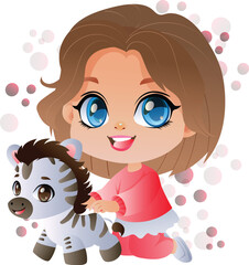 happy girl kids cute playing with zebra toys cartoon character